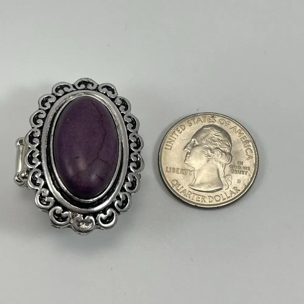 Purple Howlite Gemstone Oval Statement Silver Tone Stretch Ring Art Deco